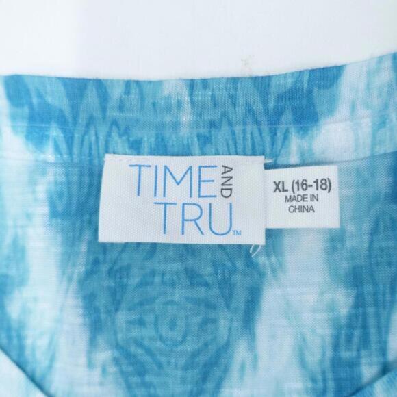 Time And Tru Shirt Women's XL (16-18) Blue Green Tie-Dye Short Sleeve Pullover - Picture 2 of 7